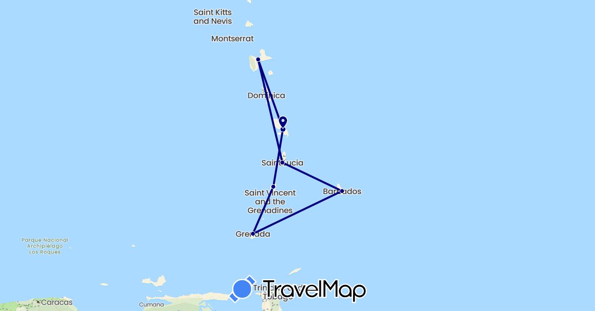 TravelMap itinerary: driving in Barbados, France, Grenada, Saint Lucia, Saint Vincent and the Grenadines (Europe, North America)